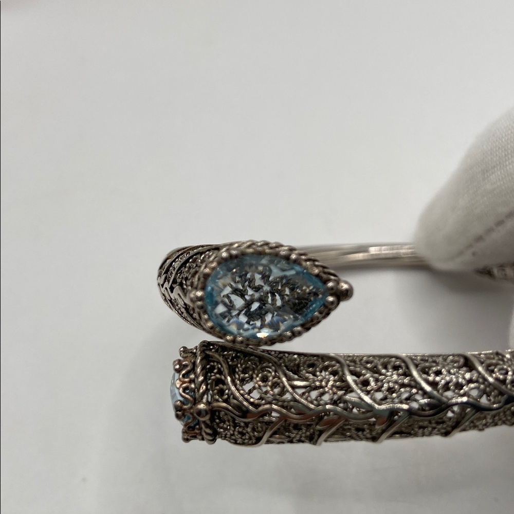 Ottoman Couture Sterling Silver 925 Filigree Bypass Cuff Bracelet Blue Topaz M - Picture 9 of 10